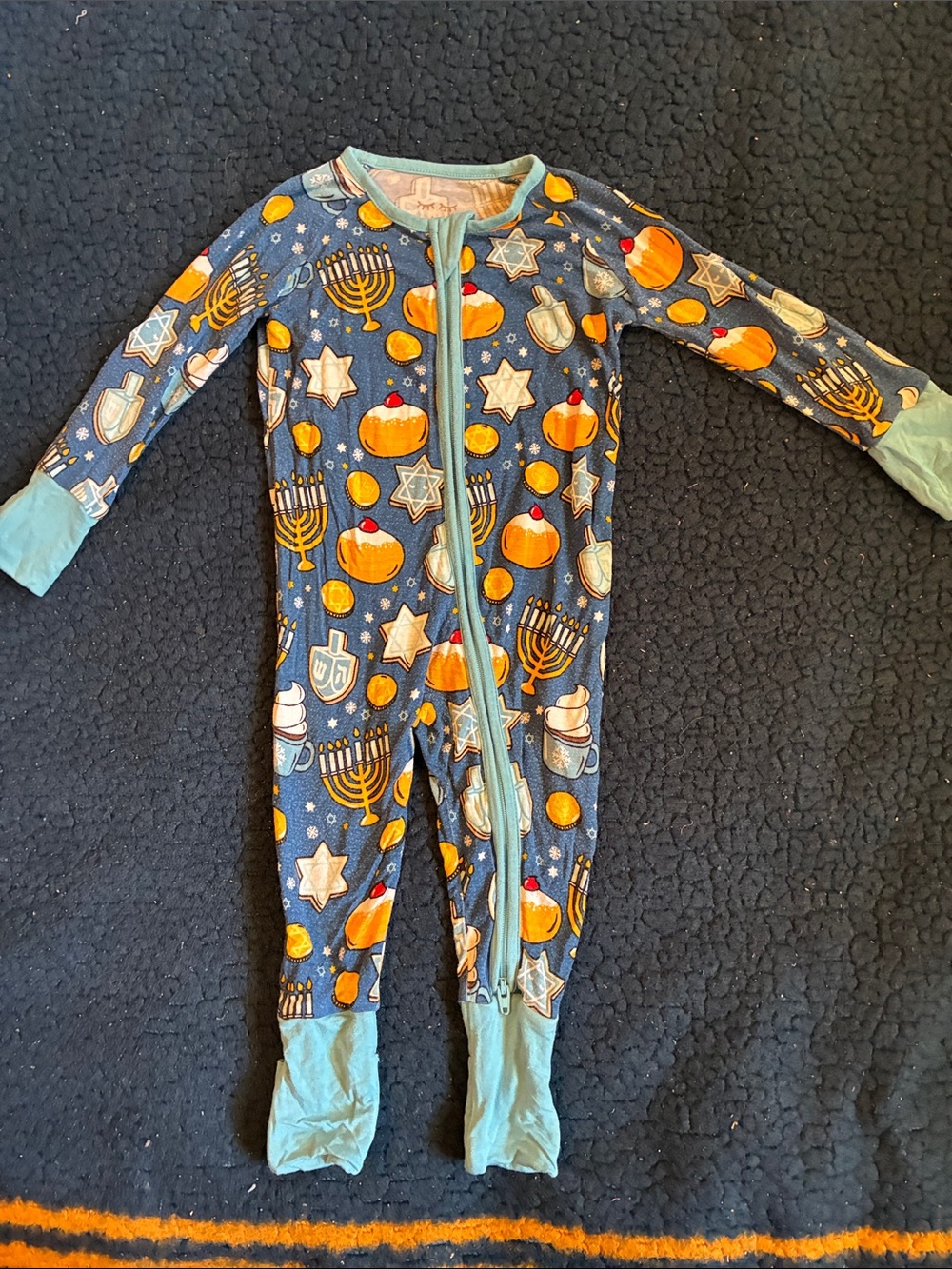 Little Sleepies Navy Hanukkah One-Piece Footie Pajamas with Light Blue Trim